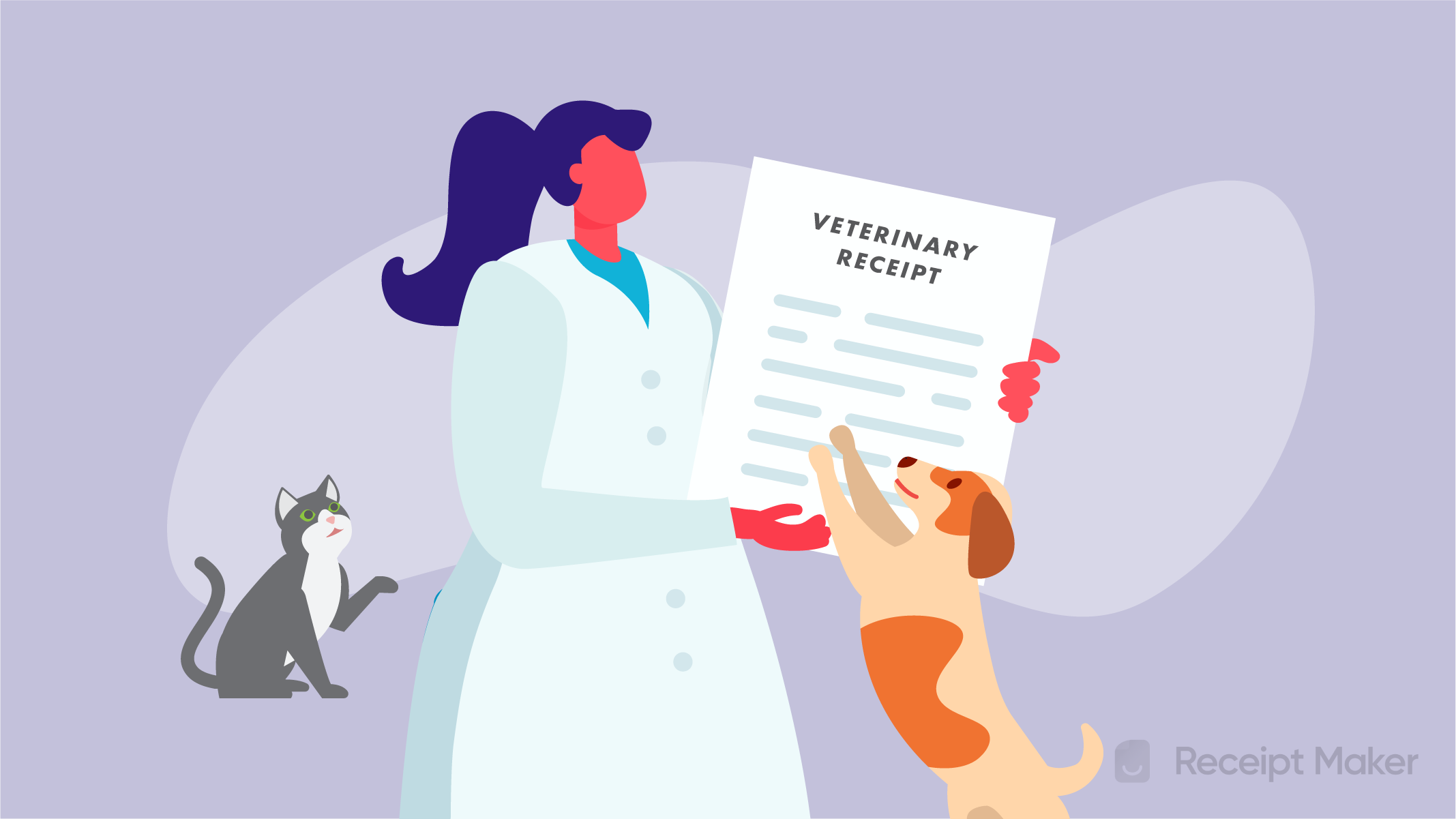 woman-wearing-lab-coat-with-dog-and-cat-holding-veterinary-receipt